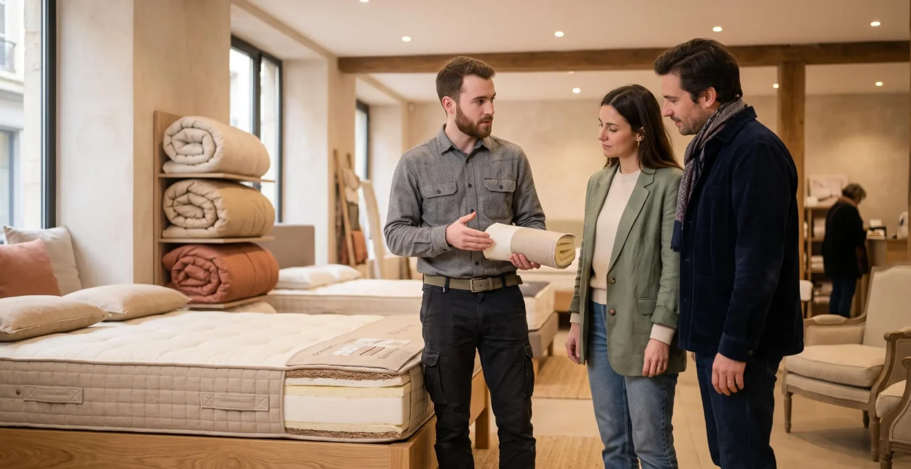 Un conseiller présente un matelas équilibré à un couple dans un magasin de literie.