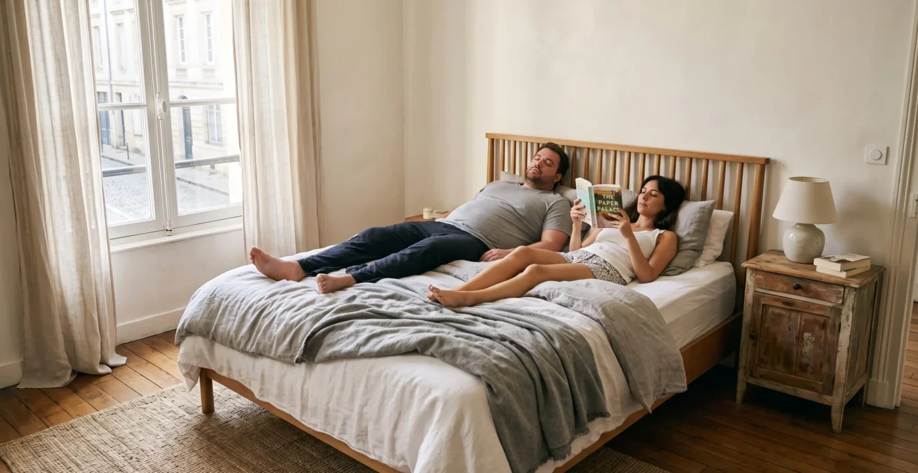 Un couple de gabarits différents dort côte à côte sur un matelas dans une chambre lumineuse.