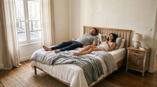 Un couple de gabarits différents dort côte à côte sur un matelas dans une chambre lumineuse.