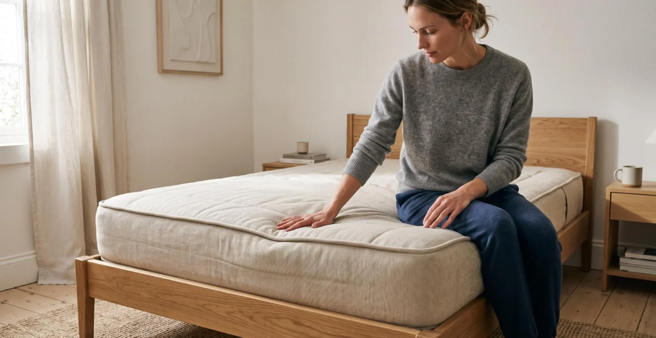 Une femme teste la fermeté d'un matelas mi-ferme en appuyant la main sur la surface.